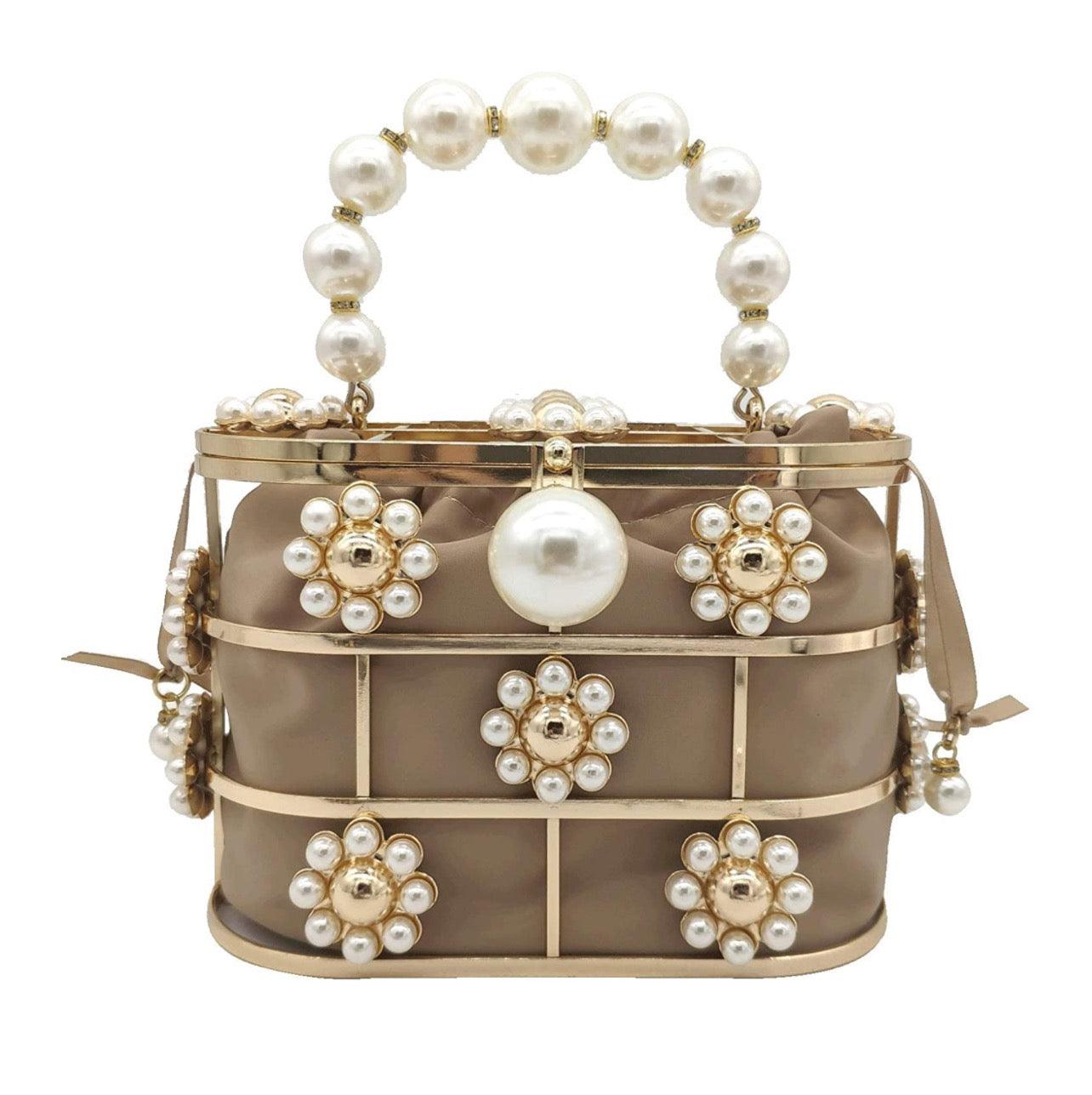 Pearl Flower Handbag, Beige